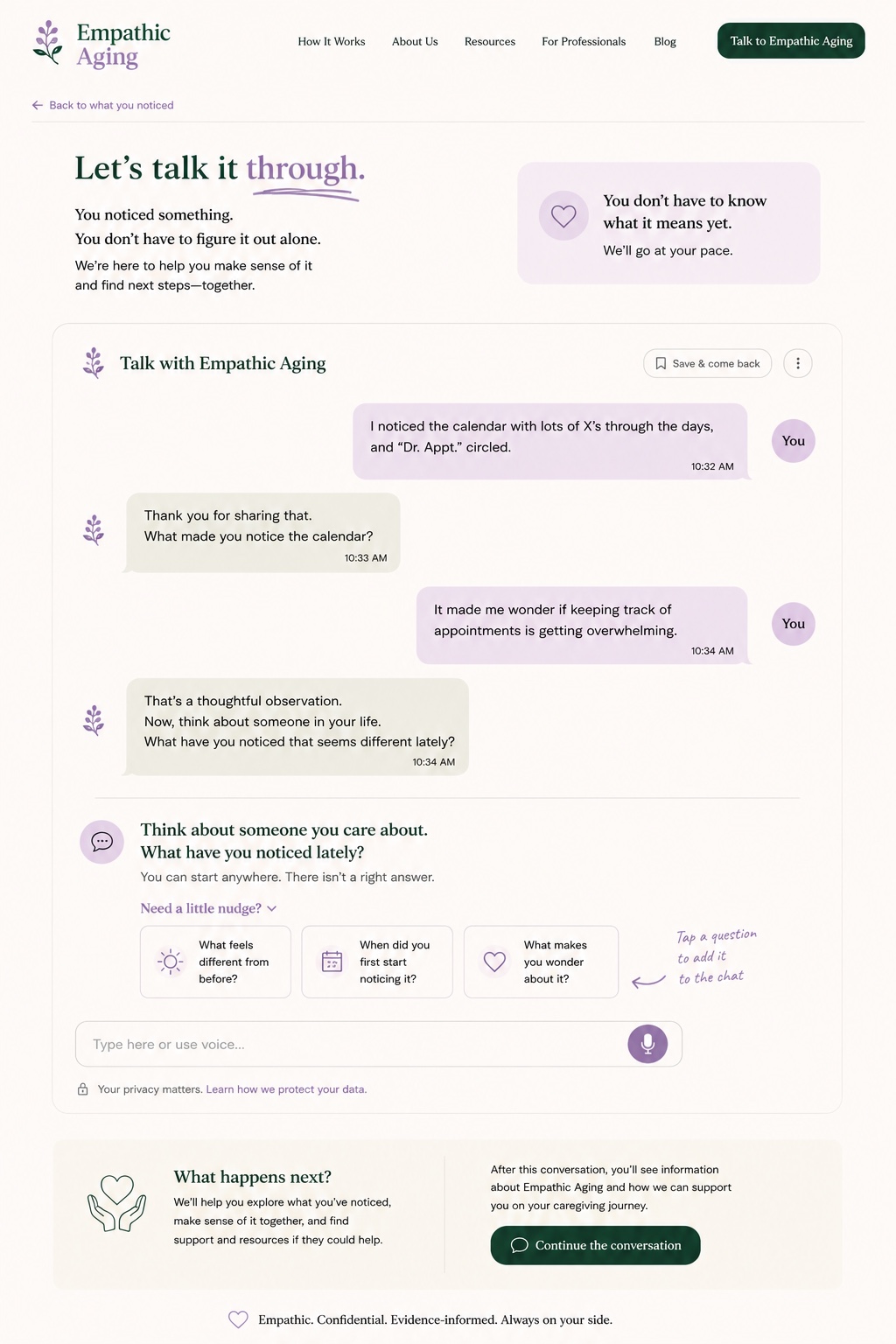 Empathic Aging conversation experience helping a caregiver talk through what they noticed